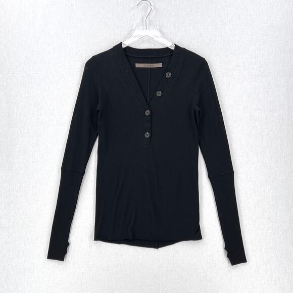 ENZA COSTA Cashmere Long Sleeve Cuffed Henley Womens Medium Black V-neck NEW - Picture 1 of 15